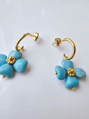 Gold-plated Hoop Turquoise Flower‎ Drop Earrings - Summer Jewelry